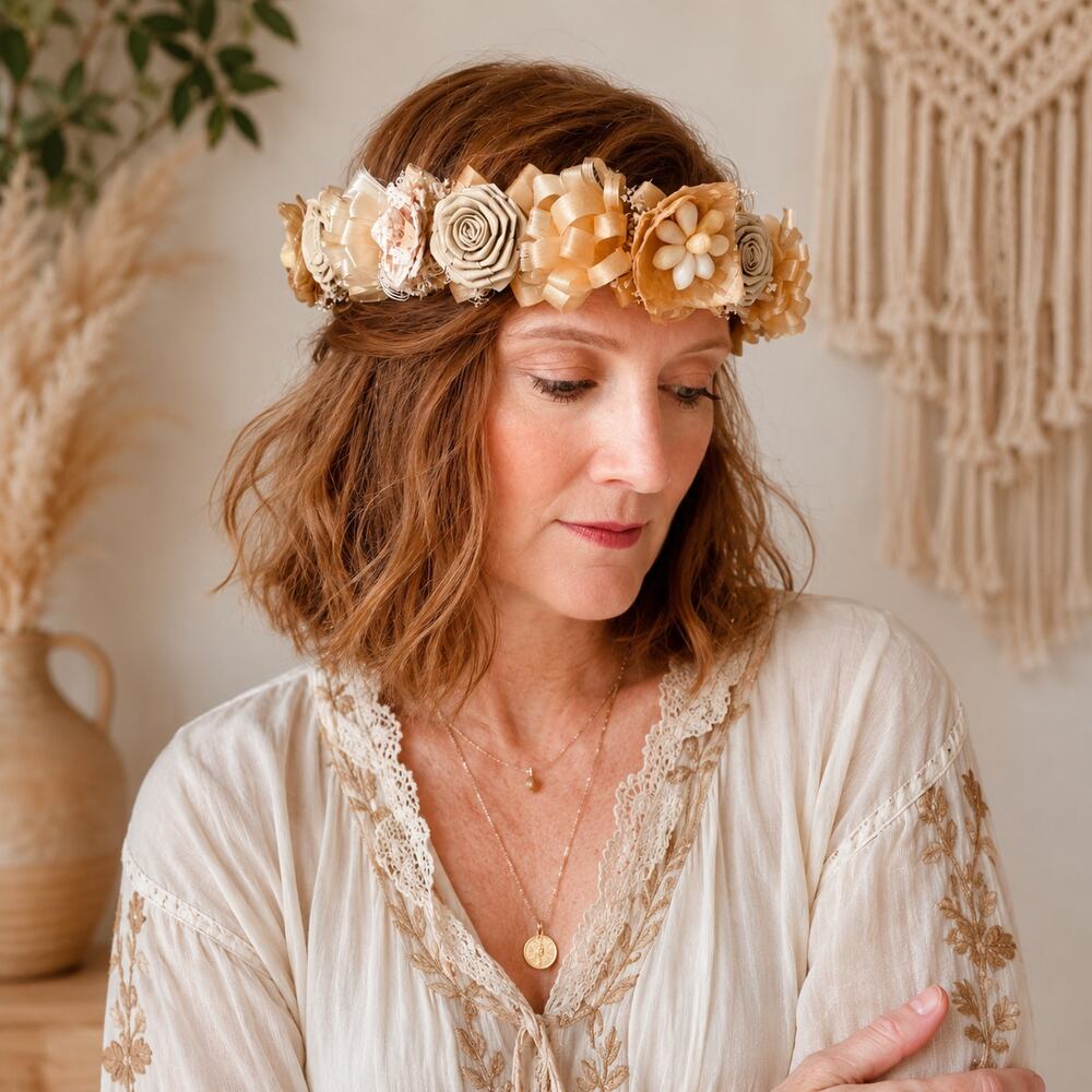 Vintage Floral Crown Bohemian Hippie wedding Wicker Neutral Natural Earthy Beach